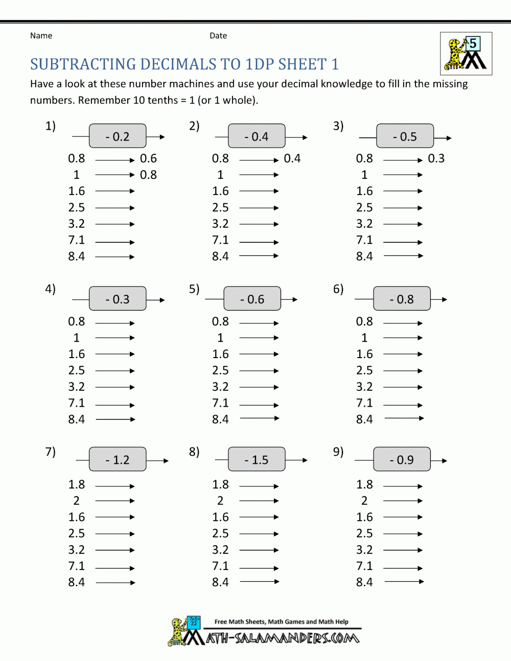 Subtracting Decimals Worksheet Subtracting Decimals Worksheet