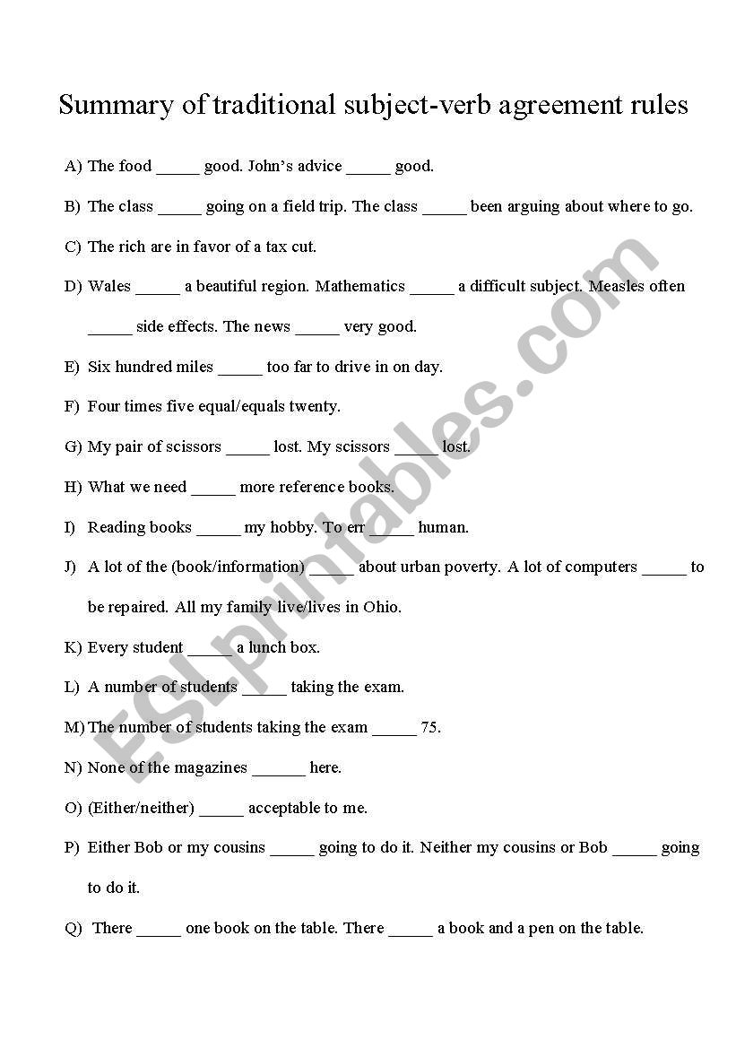 subject verb agreement worksheet