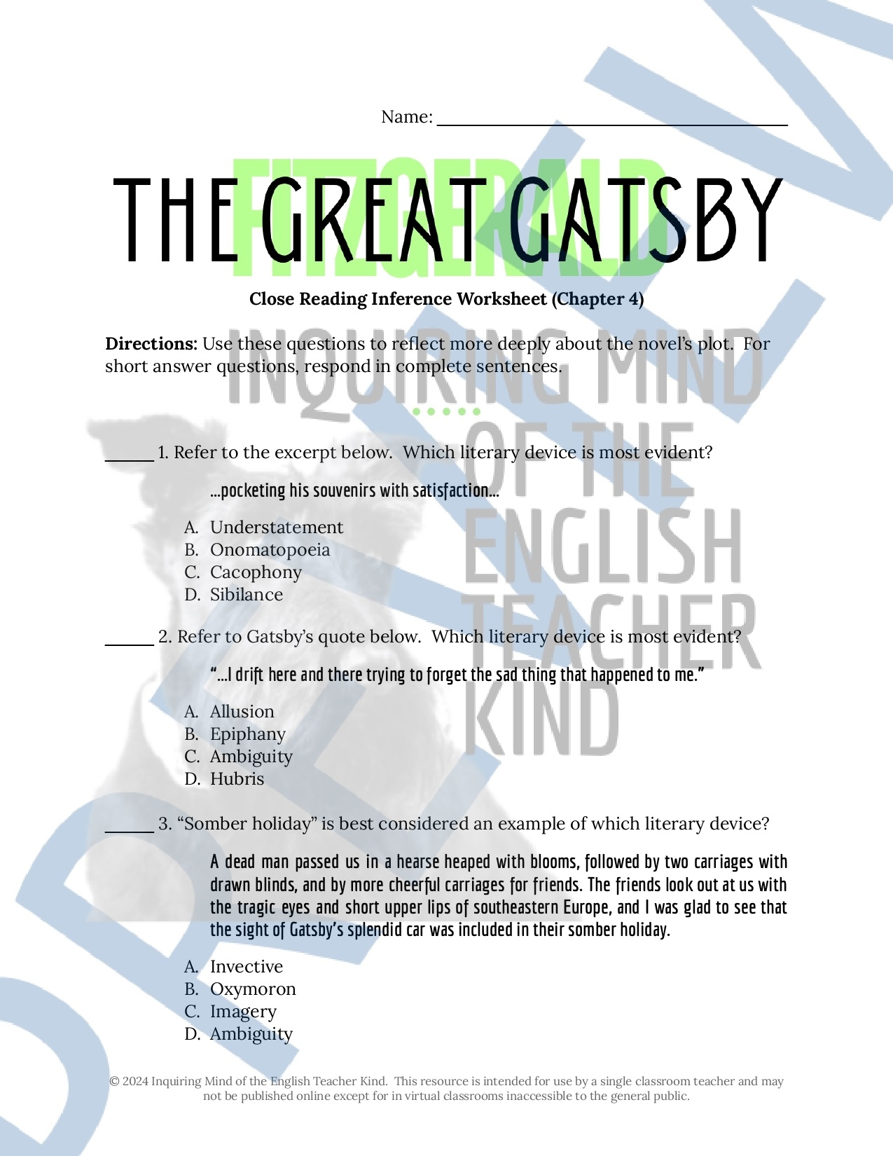 The Great Gatsby Chapter 4 Close Reading Inference Worksheet For High School Made By Teachers The Great Gatsby Chapter 4 Close Reading Inference Worksheet For High School Made By Teachers