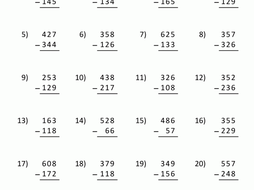 Three Digit Subtraction With Regrouping Worksheets