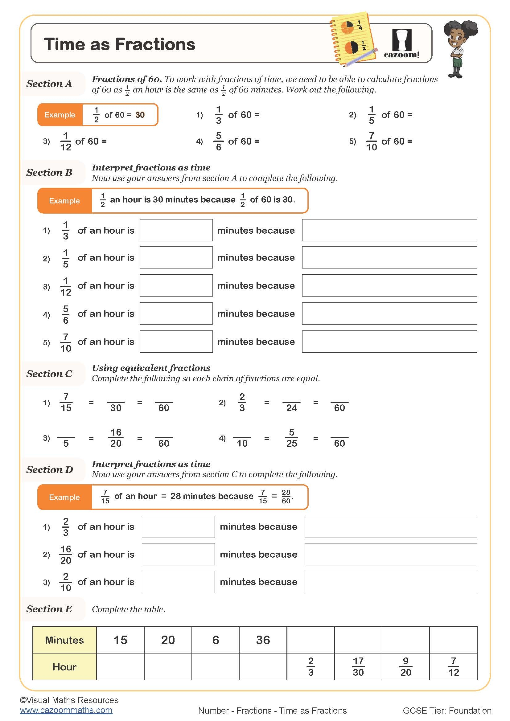 Time As Fractions Worksheet Printable PDF Worksheets