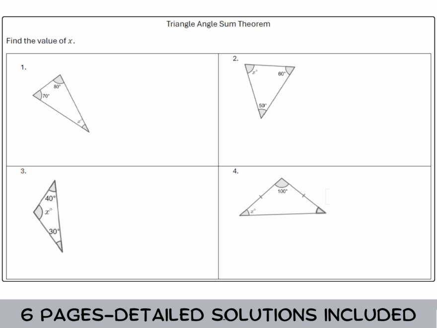 Triangle Angle Sum Theorem Worksheet with Solutions Teaching Resources