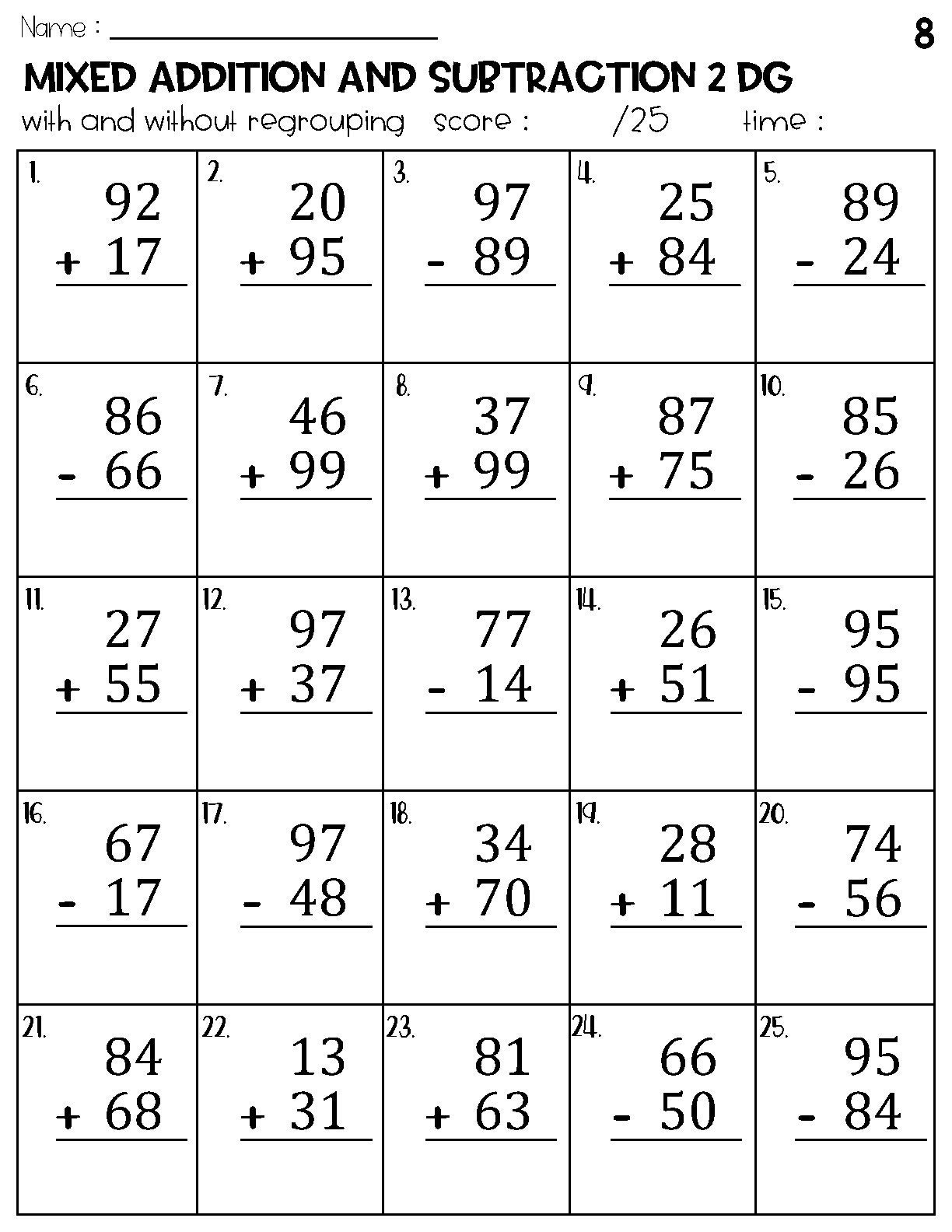 Two Digit Mixed Addition And Subtraction With And Without Regrouping Worksheets Etsy