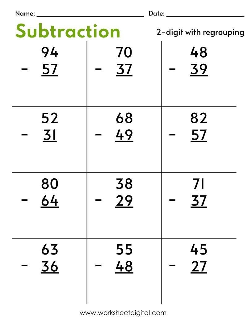 Two Digit Subtraction Worksheets With Regrouping PDF Etsy