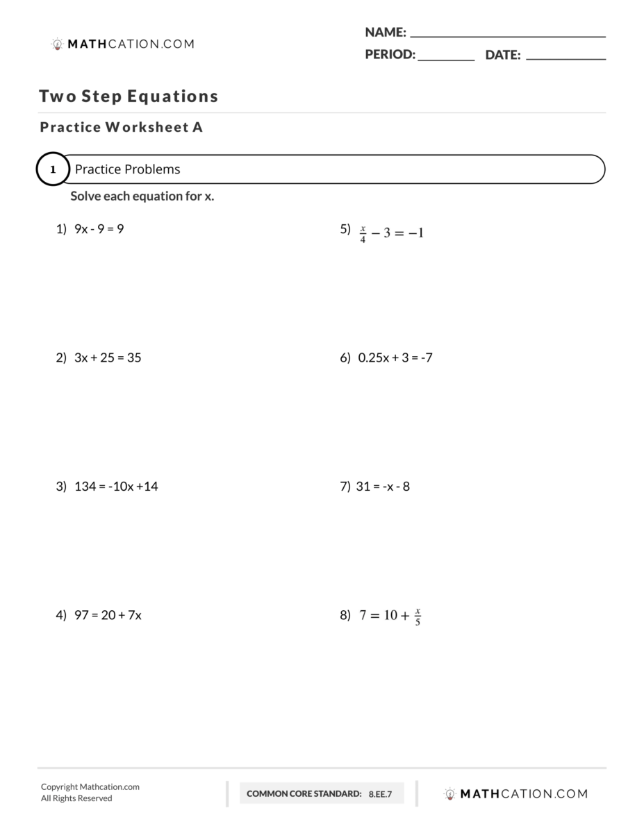 Two Step Equations Worksheet Examples And Practice