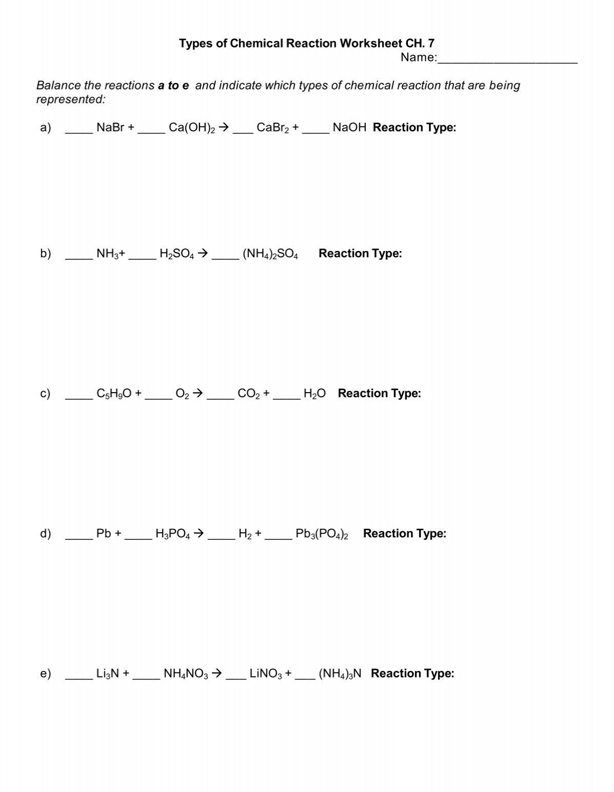 types of chemical reactions worksheet types of chemical reactions worksheet