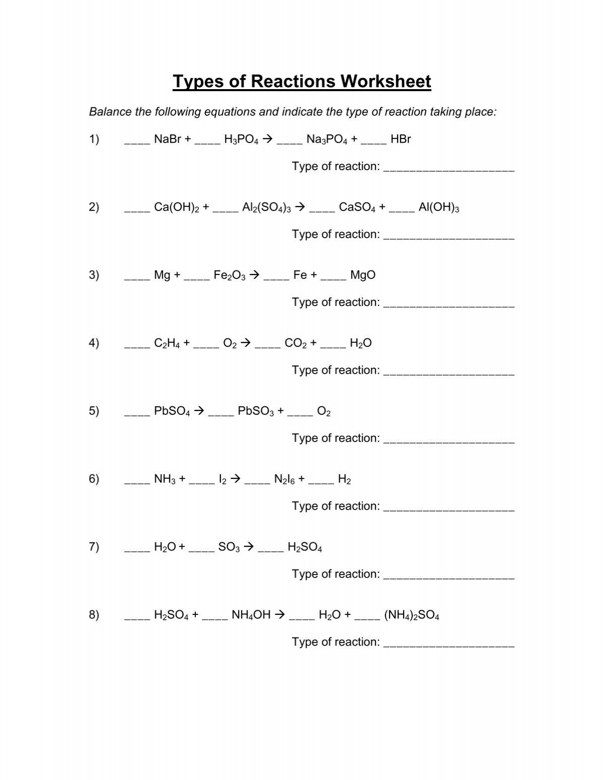 Types Of Reactions Worksheet