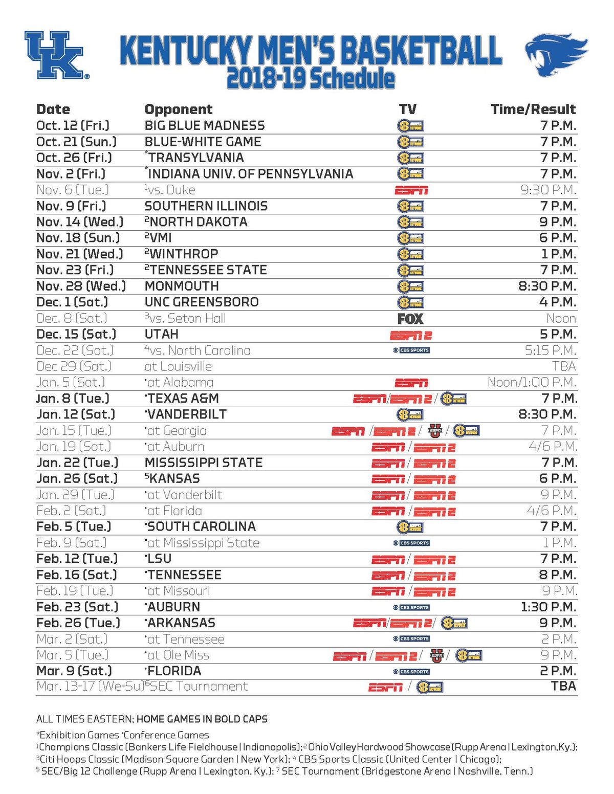 University Of Kentucky Hot Sale Men s Basketball Schedule