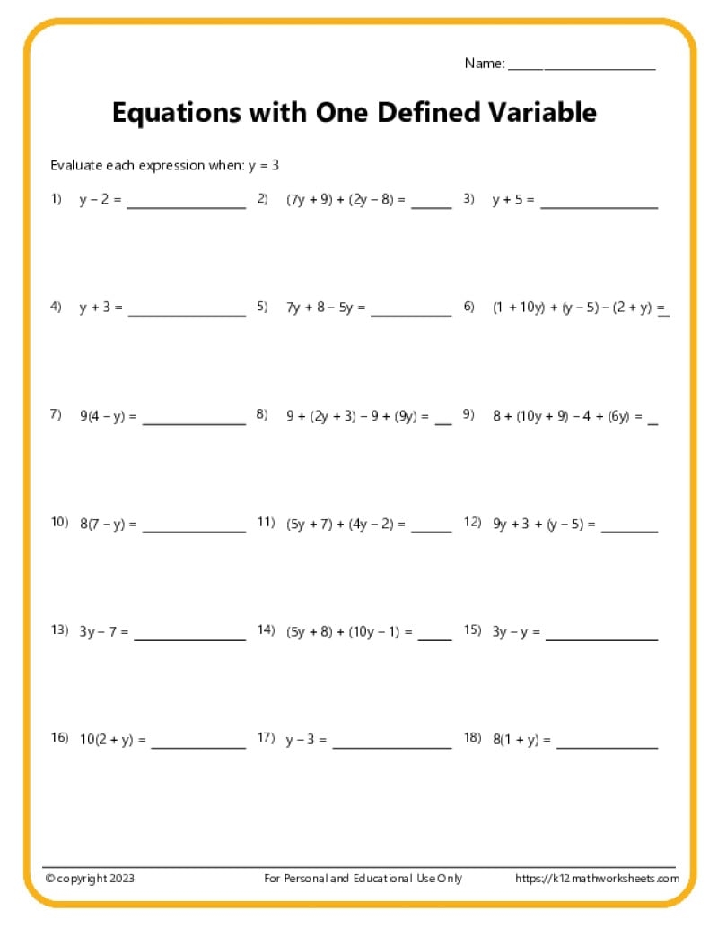 Variable Equations Worksheets Variable Equations Worksheets