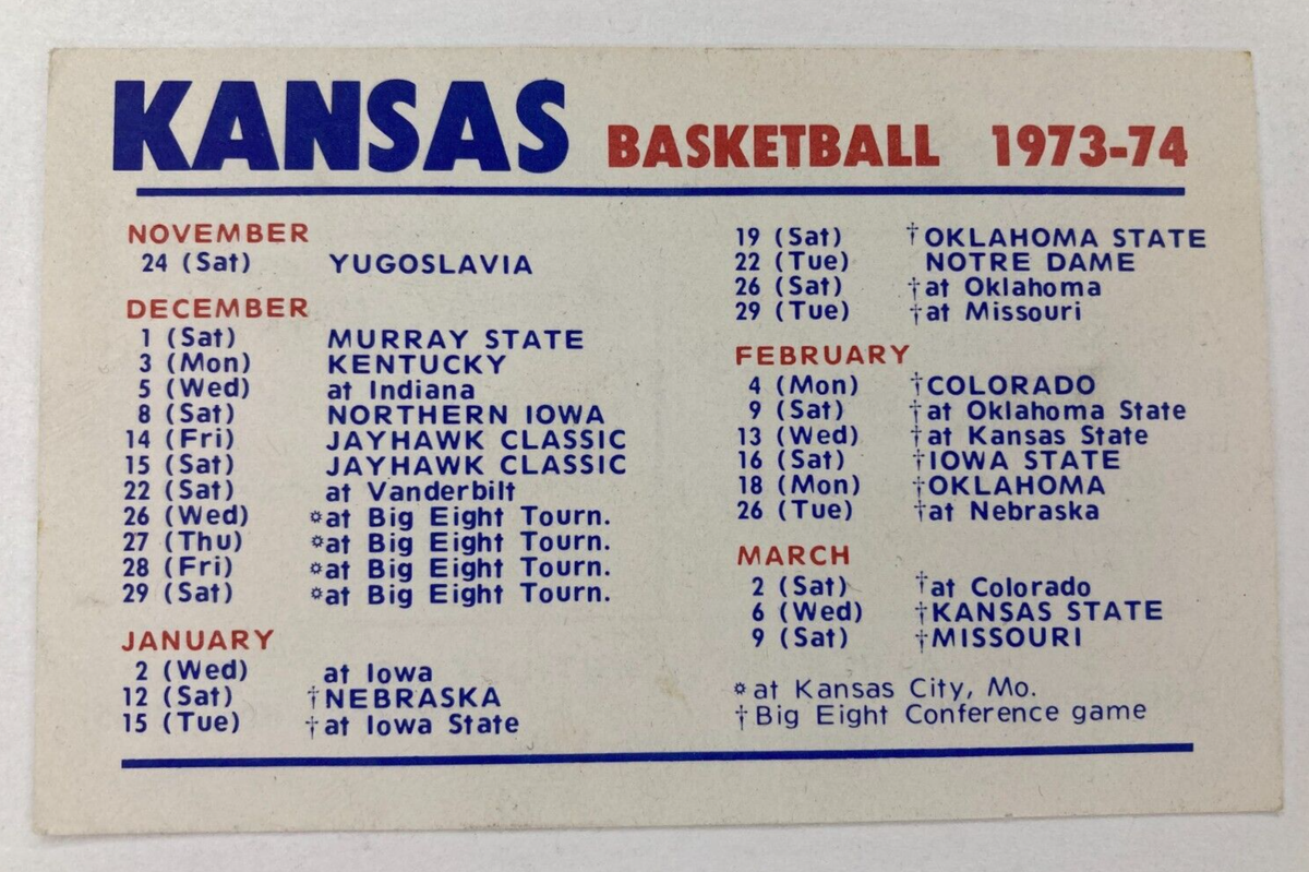 Vintage Kansas Jayhawks College Basketball Pocket Schedule 1973 74 EBay Vintage Kansas Jayhawks College Basketball Pocket Schedule 1973 74 EBay