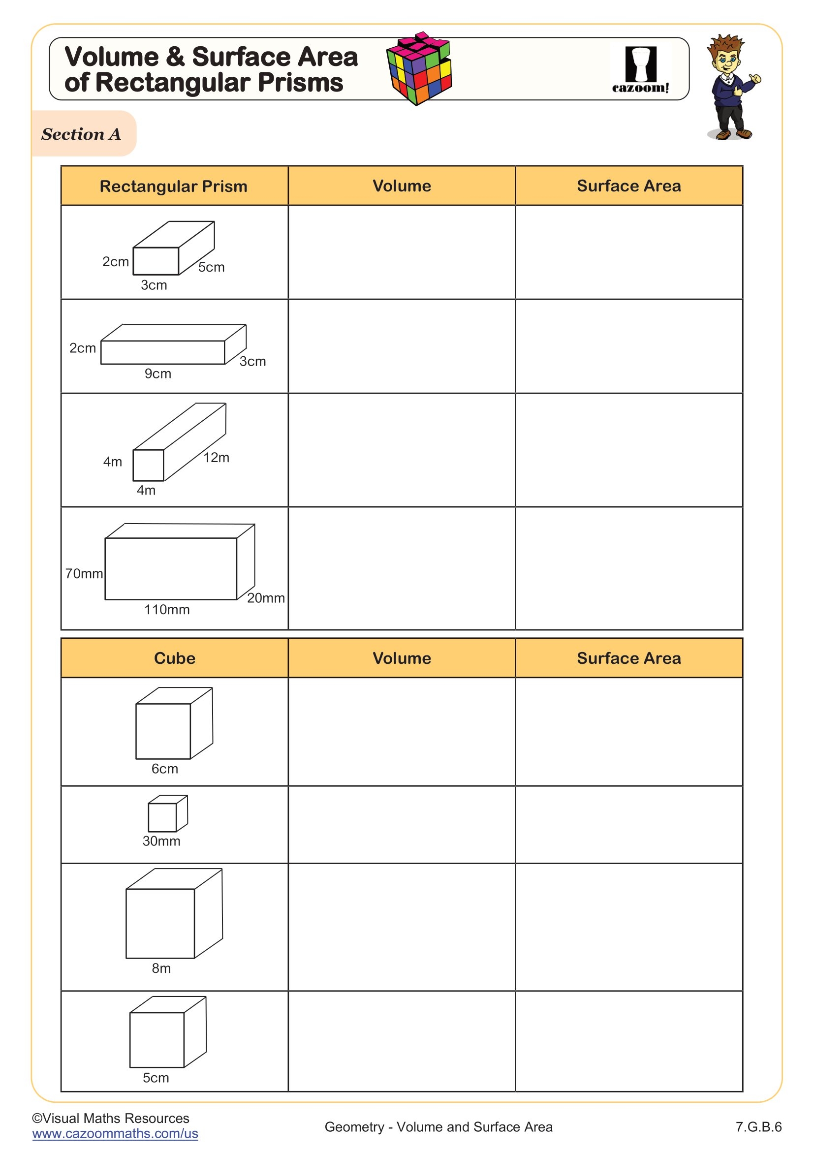 Volume And Surface Area Of Rectangular Prisms Worksheet 7th Grade PDF Worksheets Cazoom Math