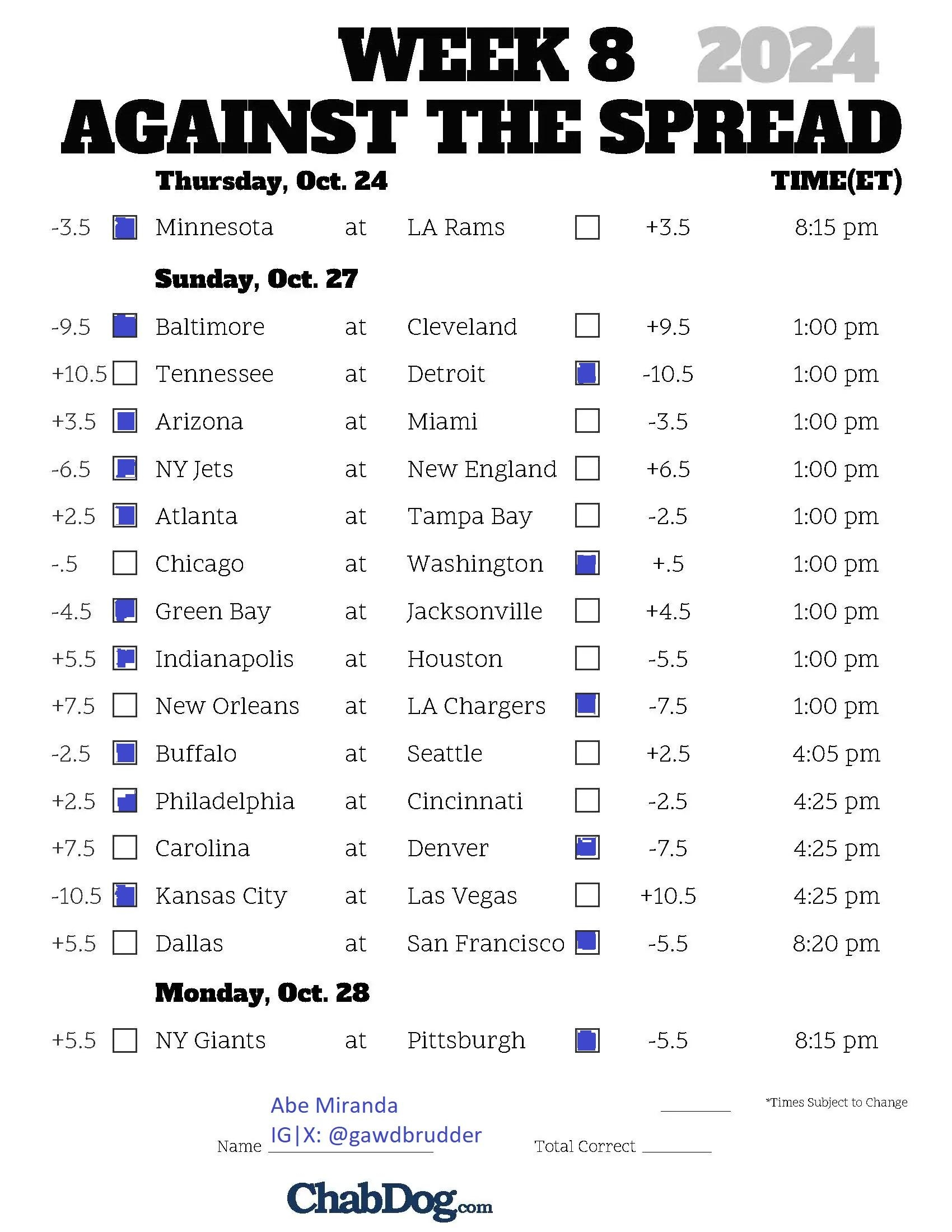Week 8 Abe s Scrumdidilyumptious NFL Picks ATS ChabDog Sports Talk Week 8 Abe s Scrumdidilyumptious NFL Picks ATS ChabDog Sports Talk