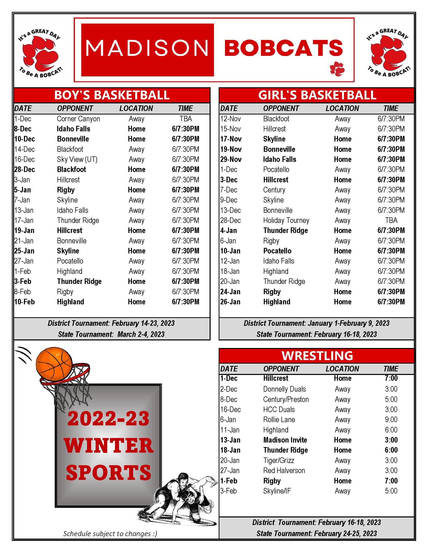 Winter Sports Schedule Madison High School Winter Sports Schedule Madison High School