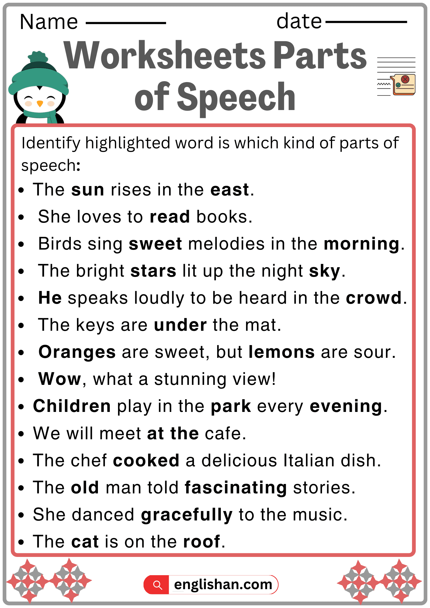 parts of speech worksheet parts of speech worksheet