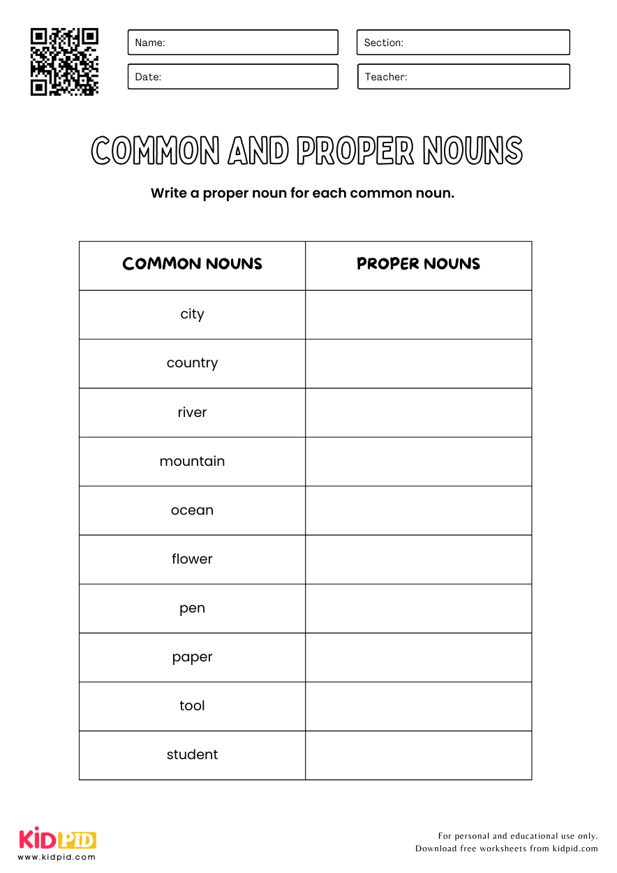 common and proper noun worksheets