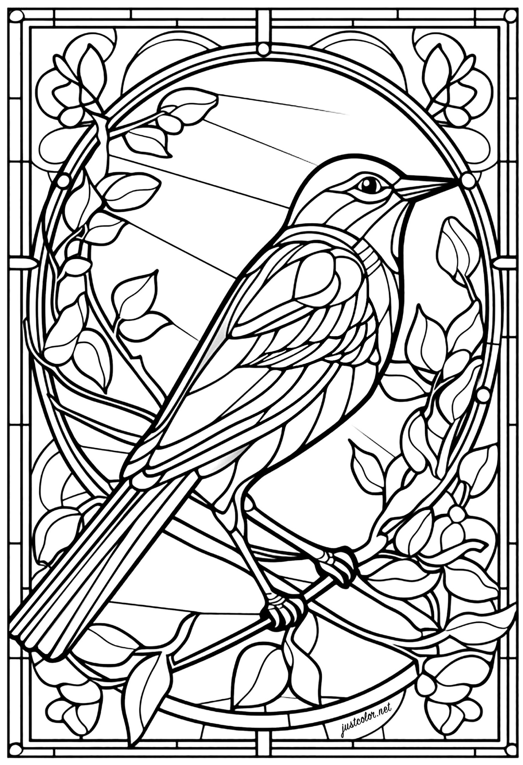 Beautiful Bird And Flowers In A Stained Glass Window Stained Glass Coloring Pages