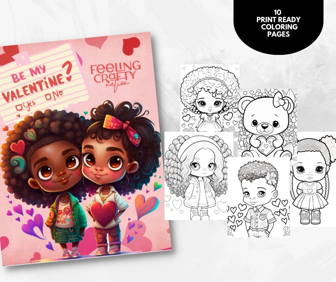Coloring Pages Of African American Kids Valentines Day Coloring Pages V day Coloring Book Chibi Style Coloring Book Etsy