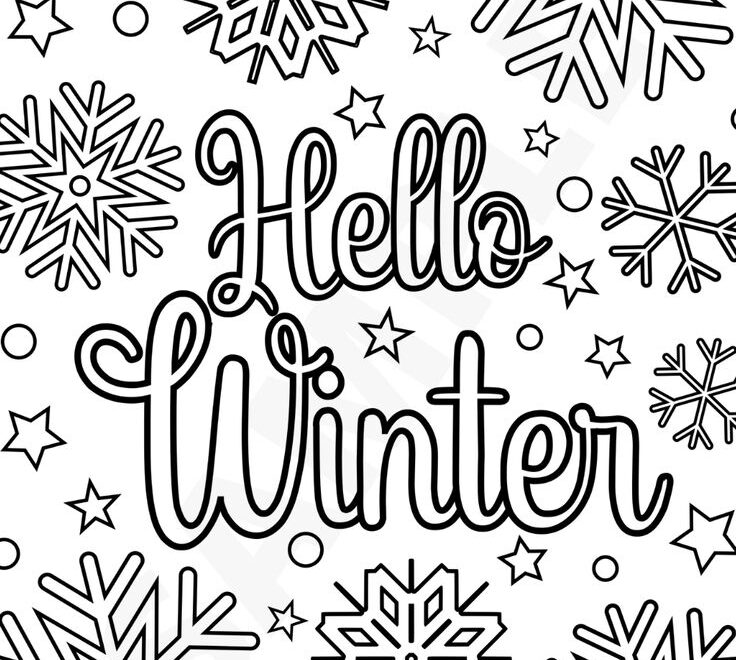 Hello Winter Coloring Page With Snowflakes