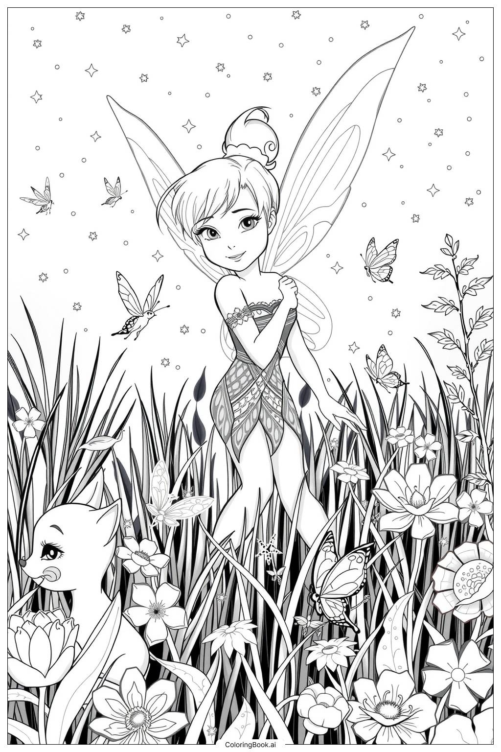 Tinkerbell Surrounded By Magical Creatures In A Sparkling Meadow 2 Coloring Page Free PDF PNG Printable  Tinkerbell Surrounded By Magical Creatures In A Sparkling Meadow 2 Coloring Page Free PDF PNG Printable